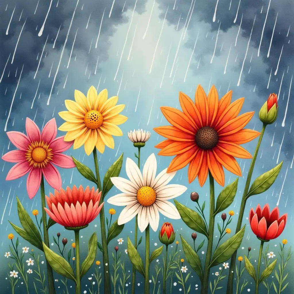 花朵们在暴风雨中互相依靠