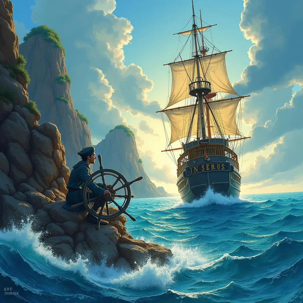 The ship sailed towards the rocks