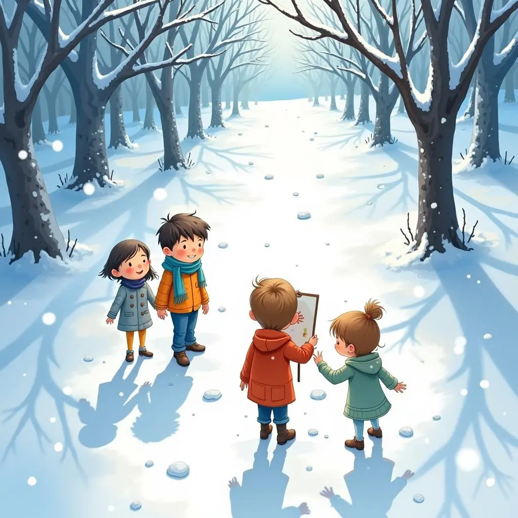 小男孩在雪地上画出了家人