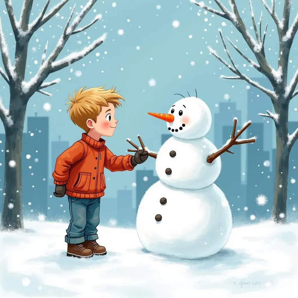 Peter and the snowman are looking at each other in the yard