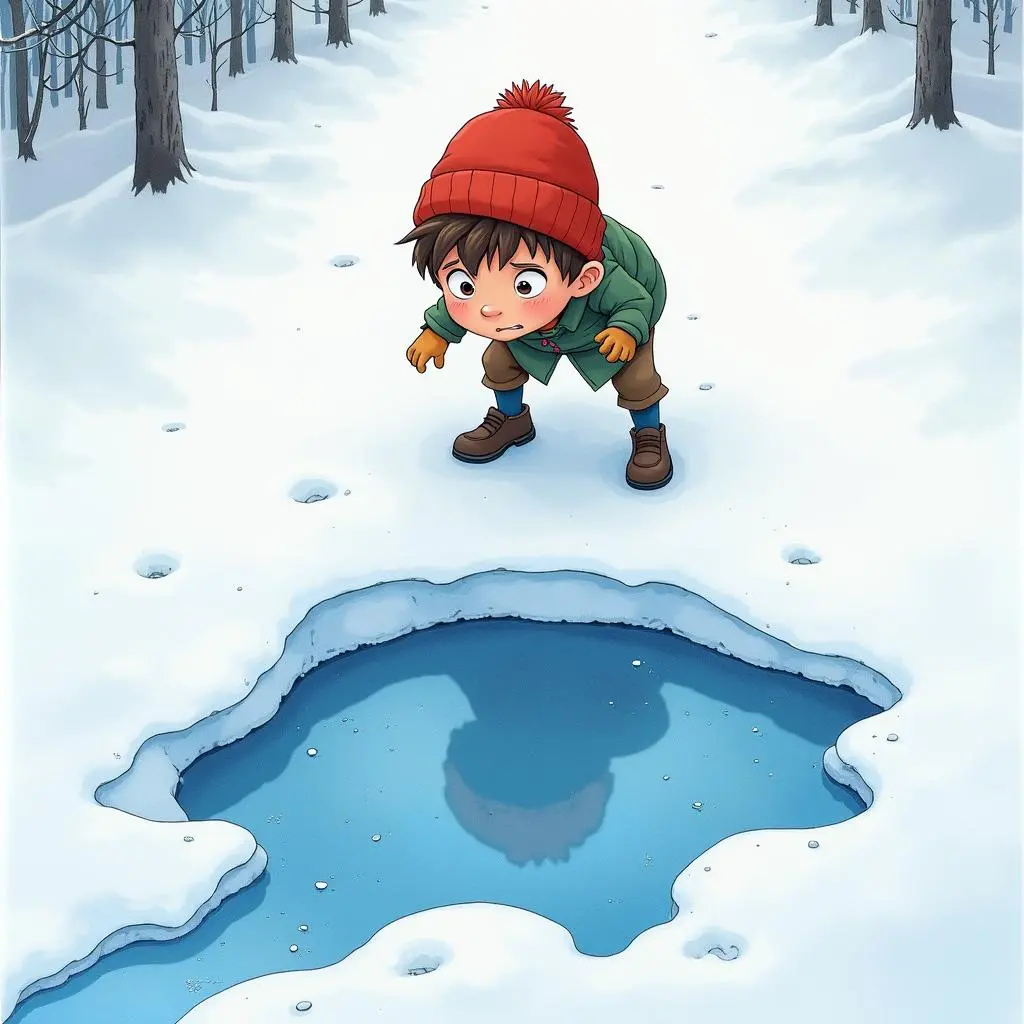 Peter is looking at the last bit of snow of the snowman