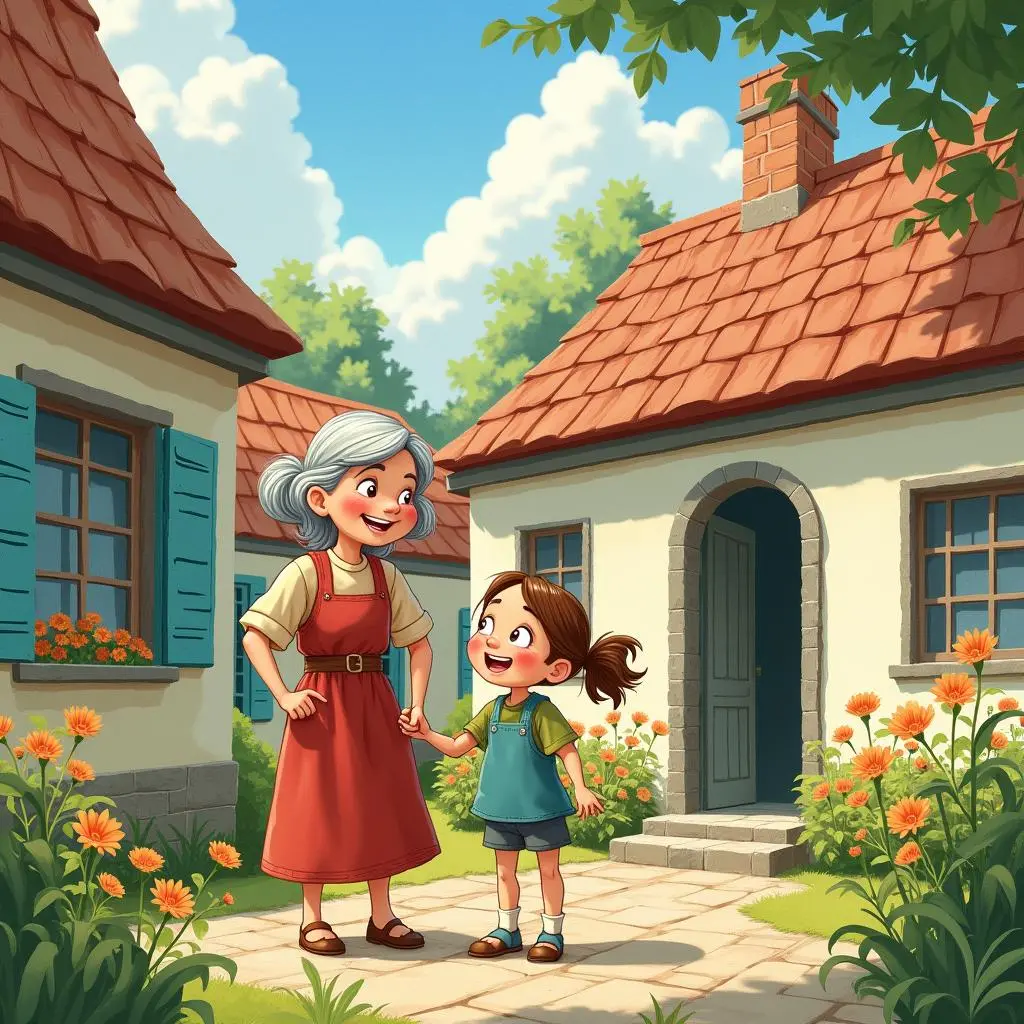 Xiaohua and the granny are in the yard