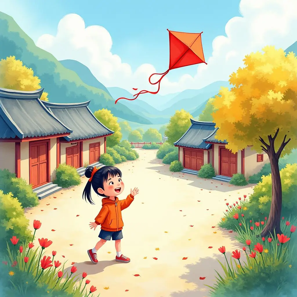 Xiaoming flying a kite on a sunny day