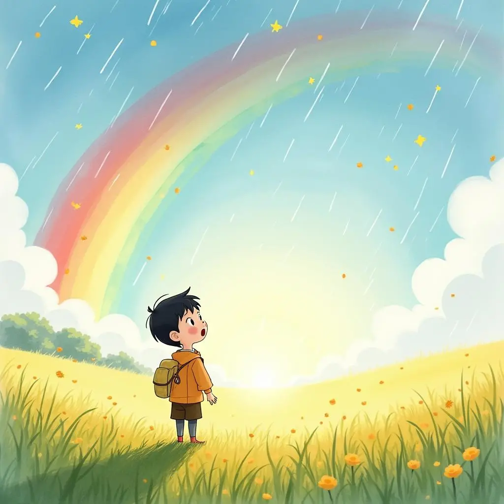 Xiaoming looking at the rainbow after the rain