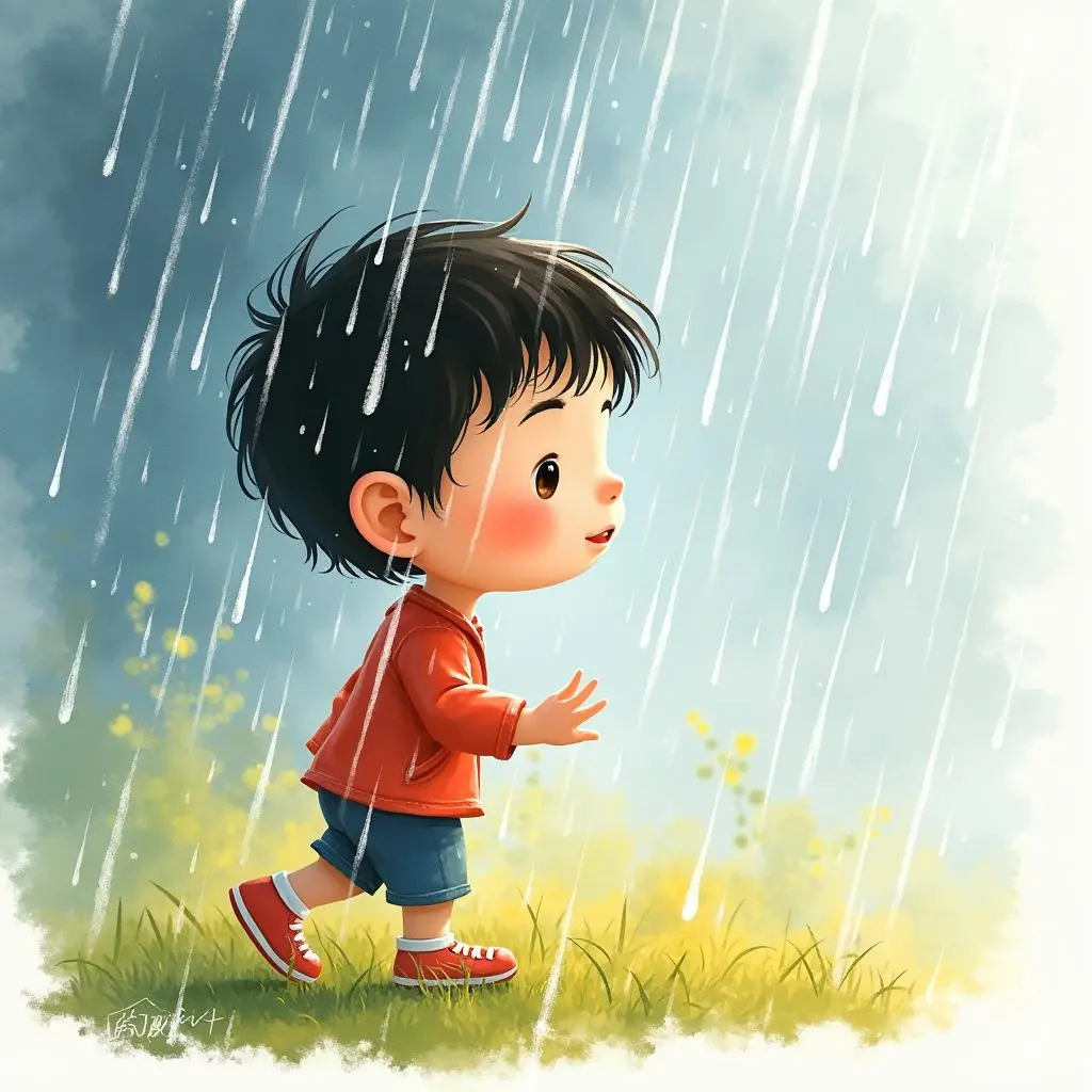 Xiaoming feeling the raindrops in the rain