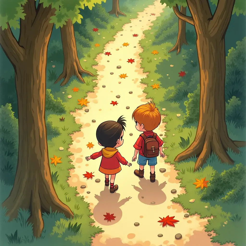 Brother and sister follow the stone path