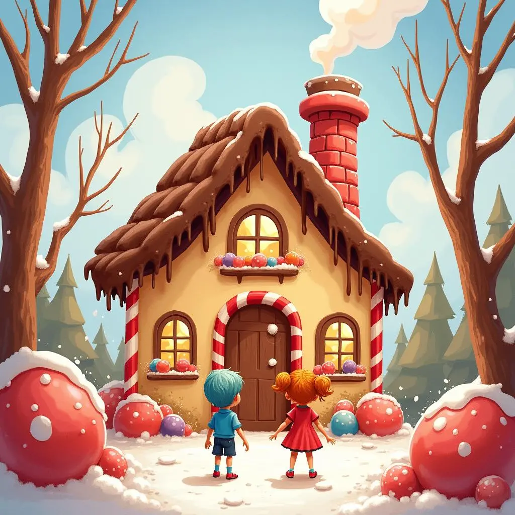 Brother and sister stand in front of the candy house
