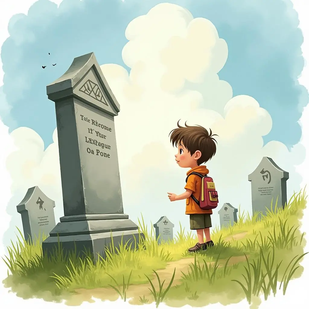 Little Hans standing in front of the tombstone
