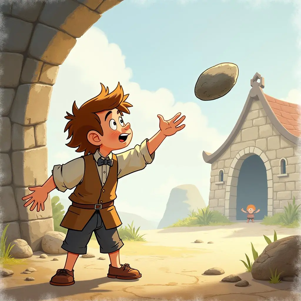 The little tailor and the giant compete in throwing things