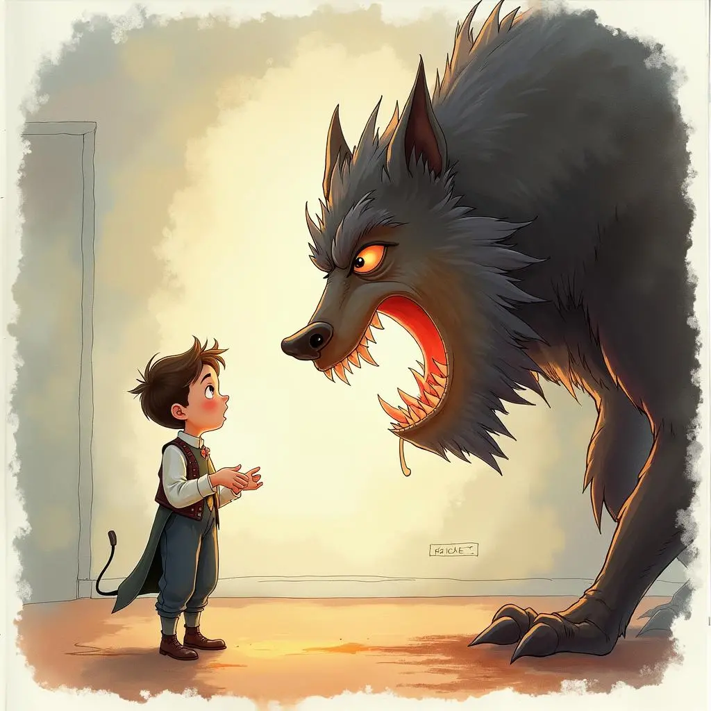 The little tailor stands in front of the trapped beast