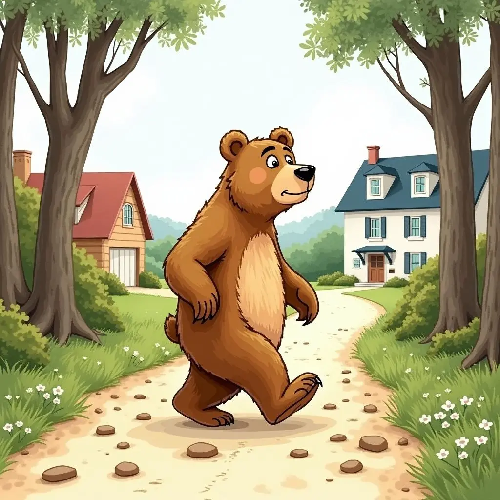 The bear is walking towards the town