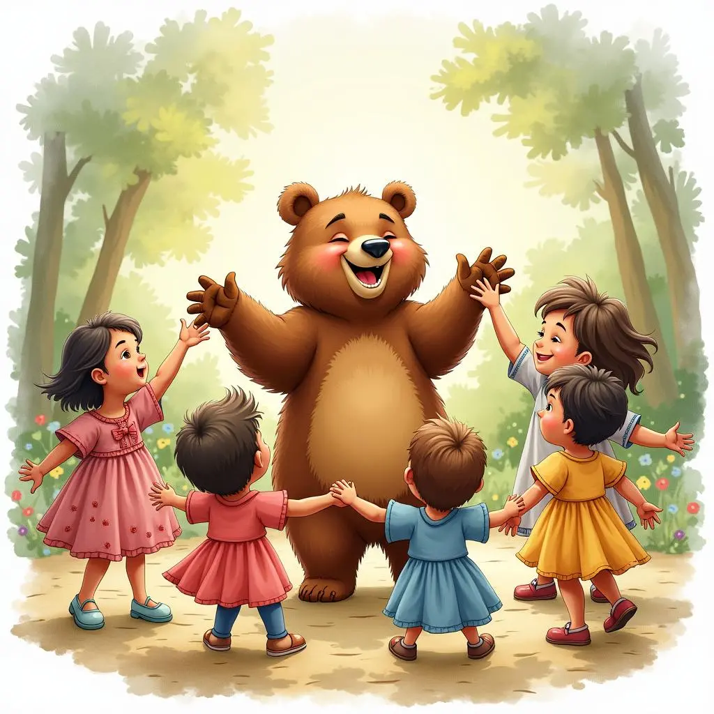 The bear is dancing with the children