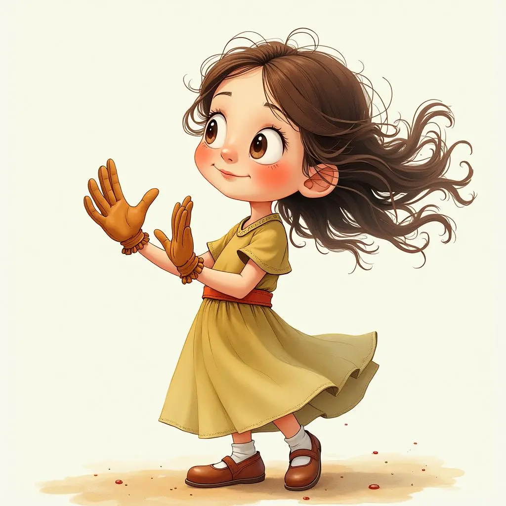 The little girl looks at the gloves