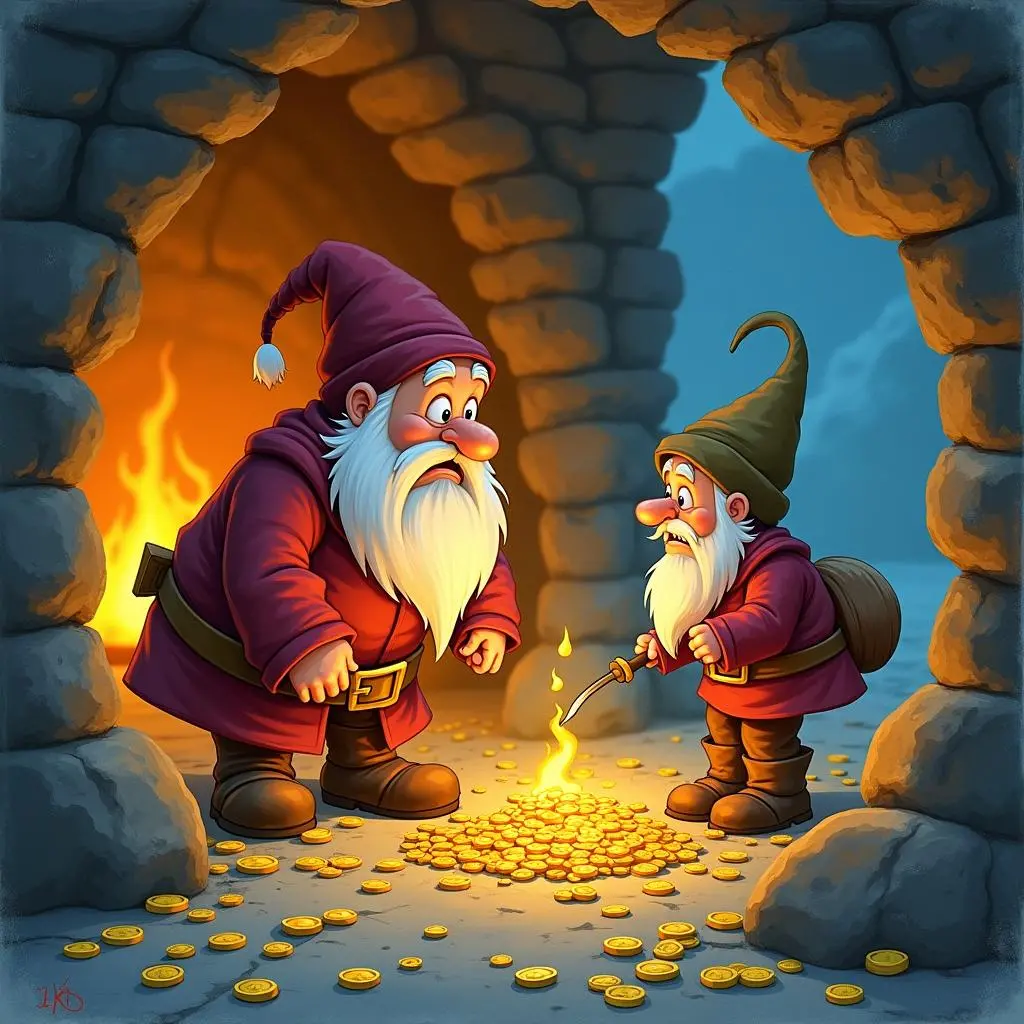 The dwarfs find the merchant standing beside the gold coins, looking vigilant