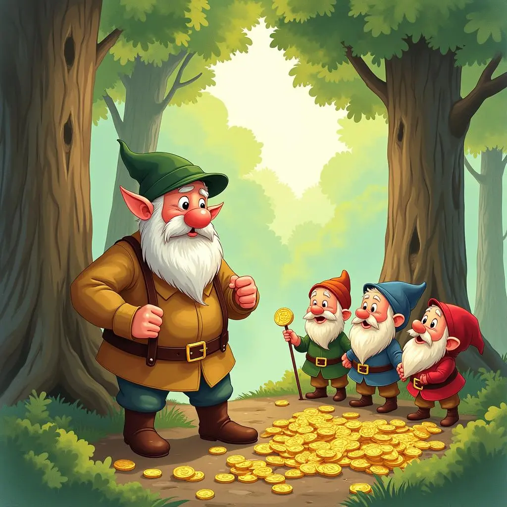 The woodcutter listens attentively as the dwarfs tell the story