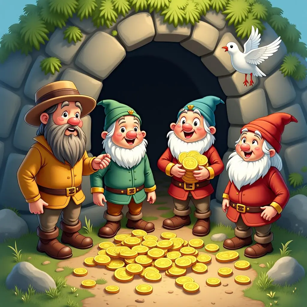 The dwarfs hand the gold coins to the woodcutter, both with smiles on their faces