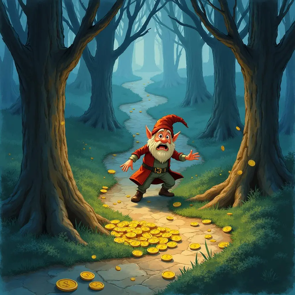The merchant is chased by dark shadows in the forest, looking terrified