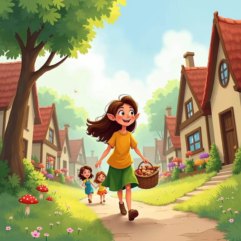 Lucy returns to the village with mushrooms
