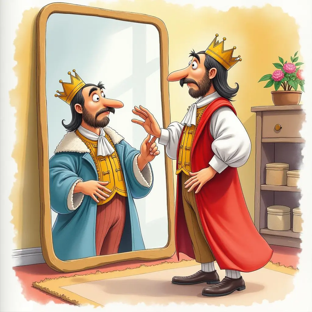 The emperor pretending to try on clothes in front of the mirror
