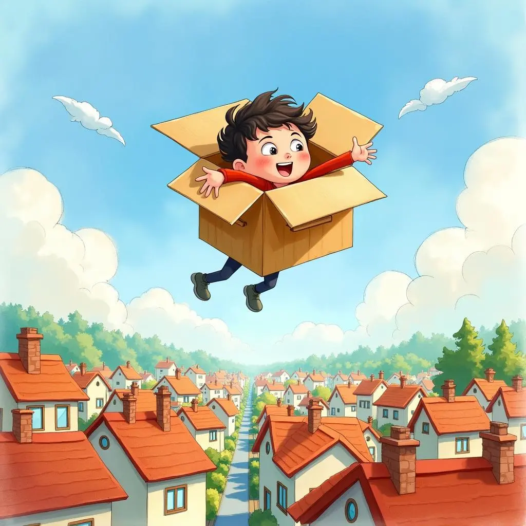 The box flies over the town