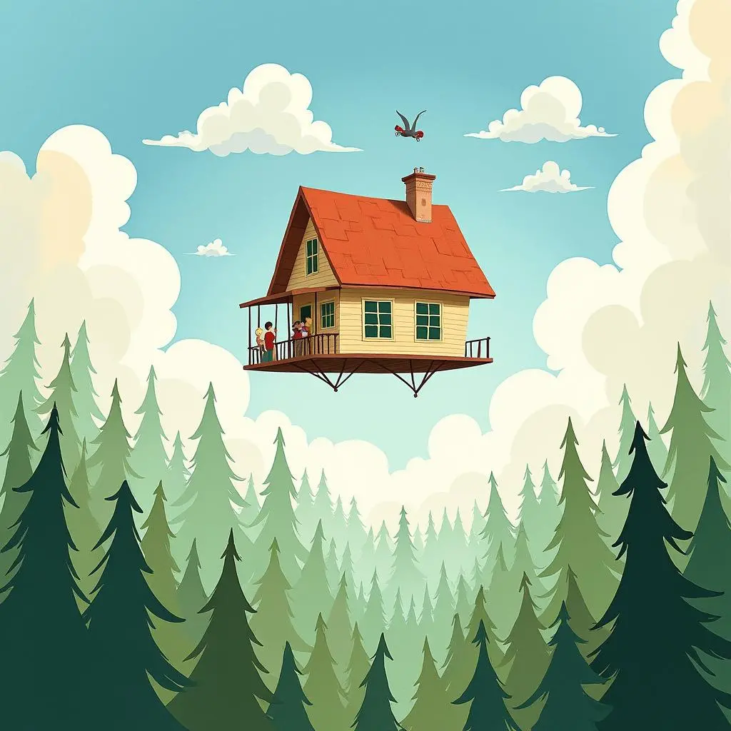 The house flies over the forest