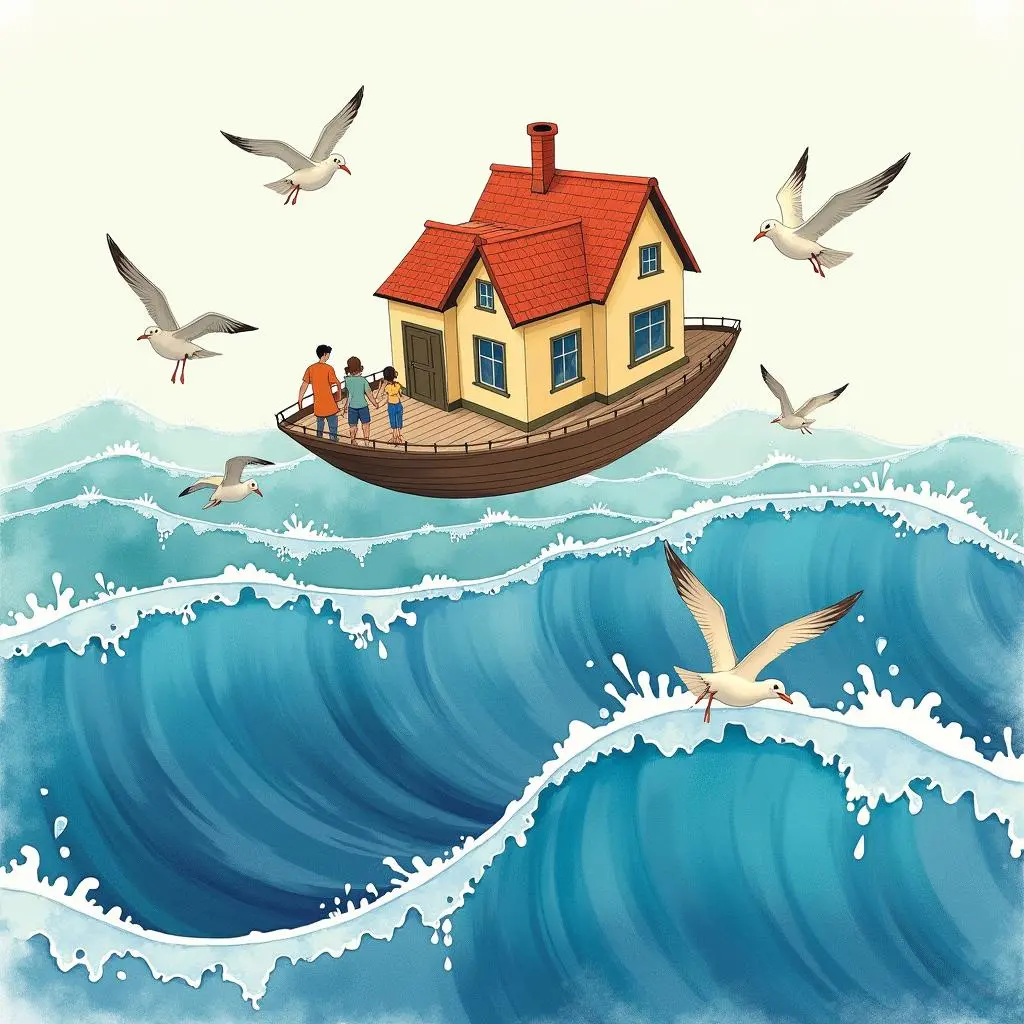 The house flies above the sea