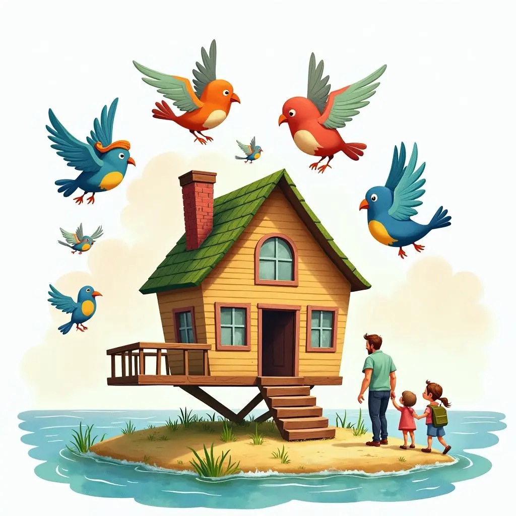 The house lands on the small island