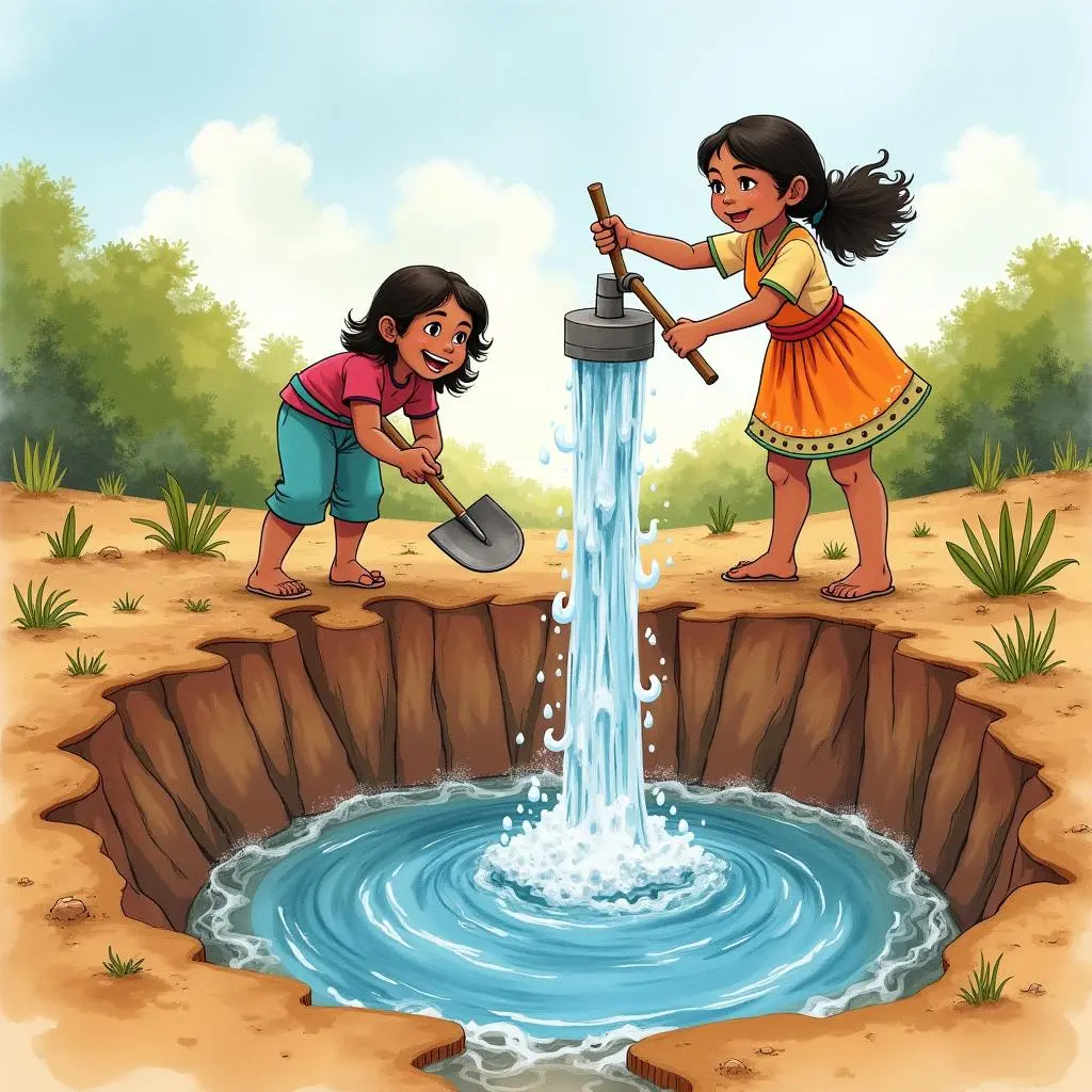 The wise man and the villagers dig the well and get water