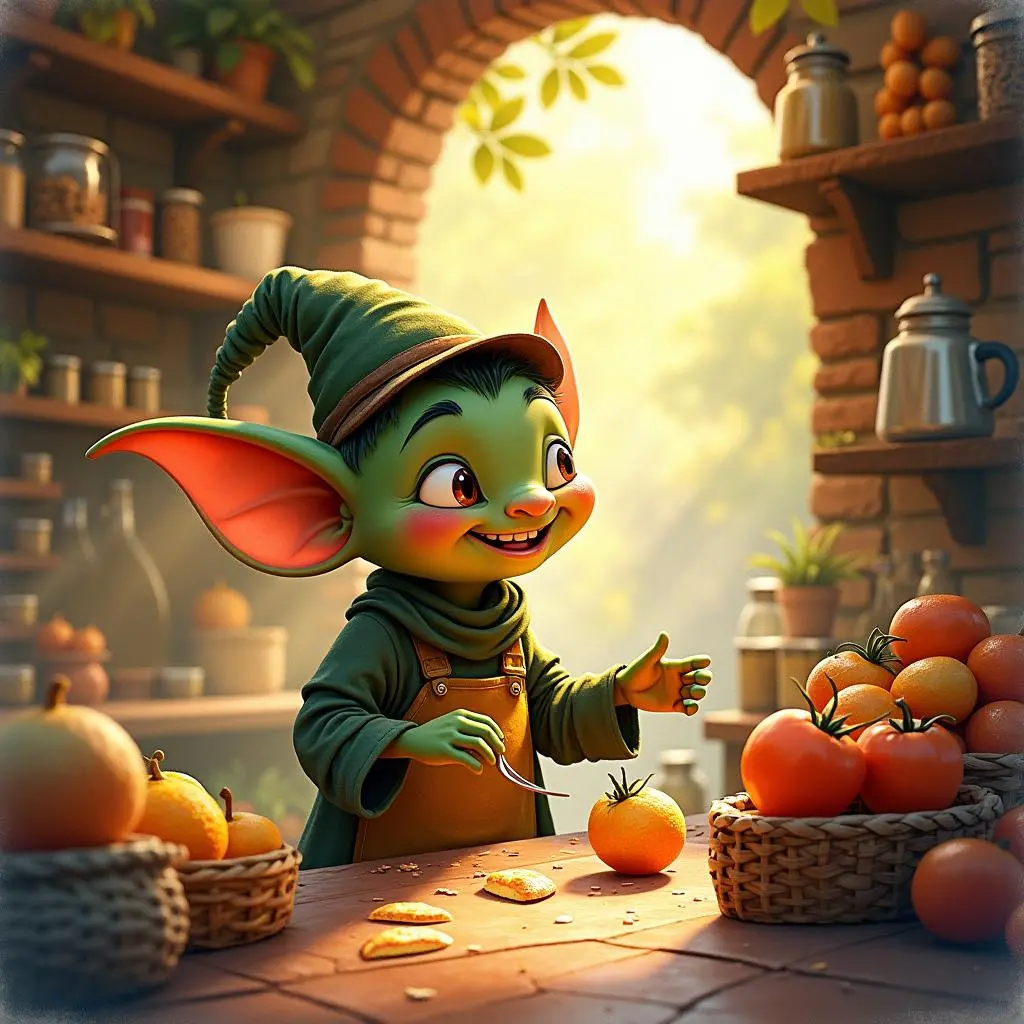 The goblin is eating in the store