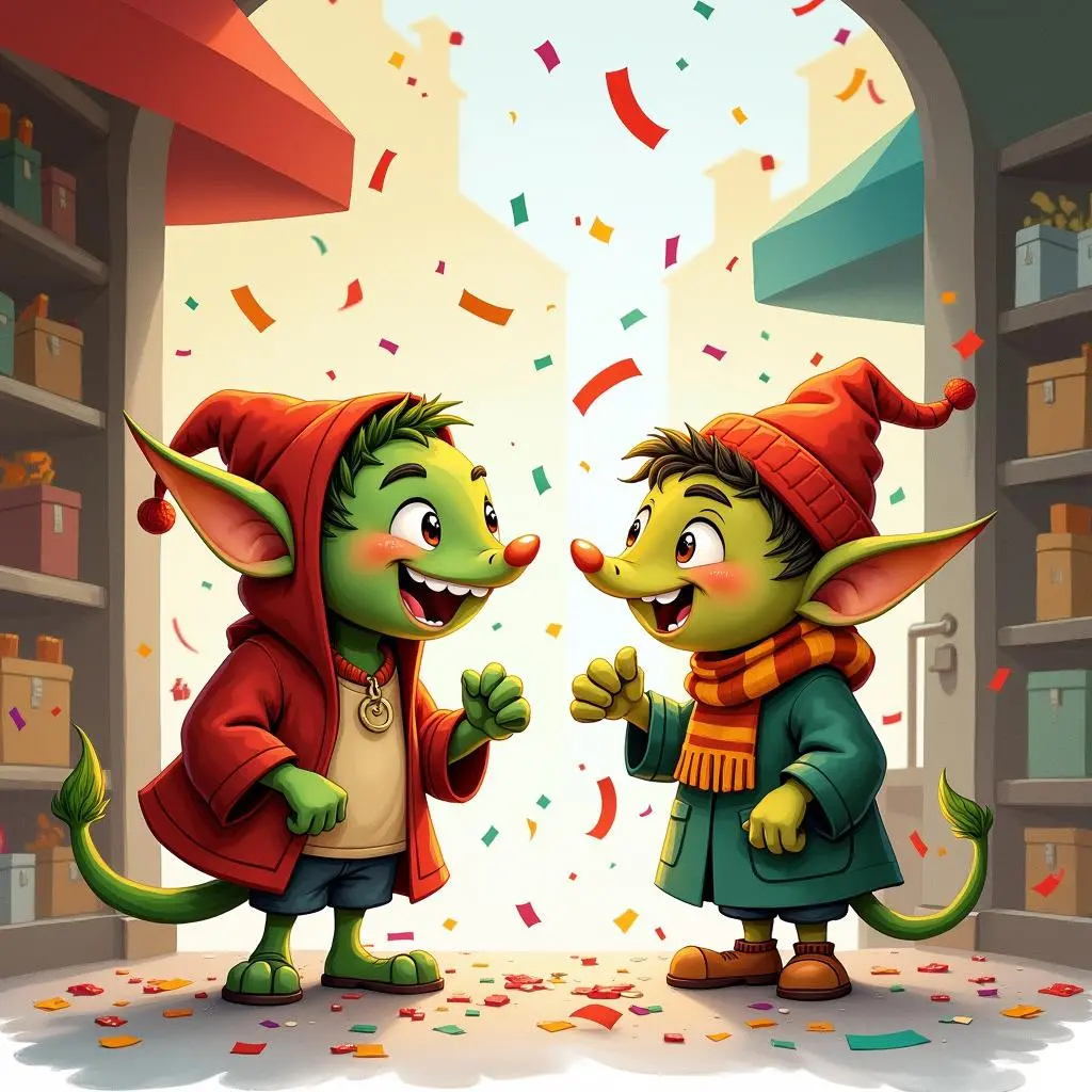 The goblin and the merchant celebrate the improvement of business