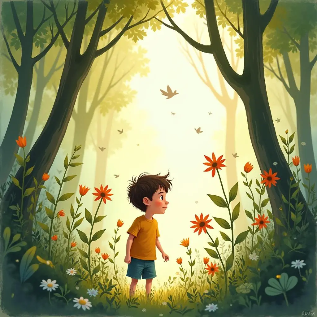 The little boy is exploring in the forest
