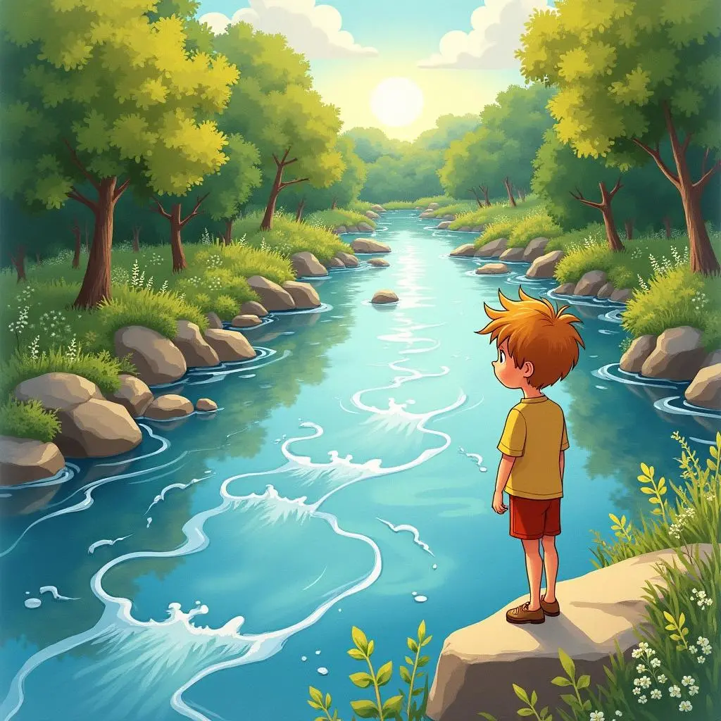 The little boy and the little fox come to the riverside