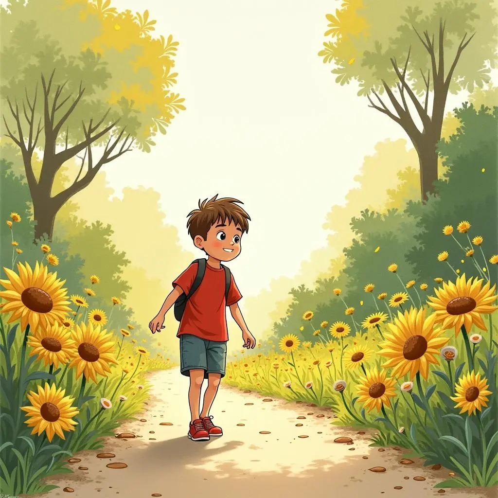 The little boy crosses the river and moves on