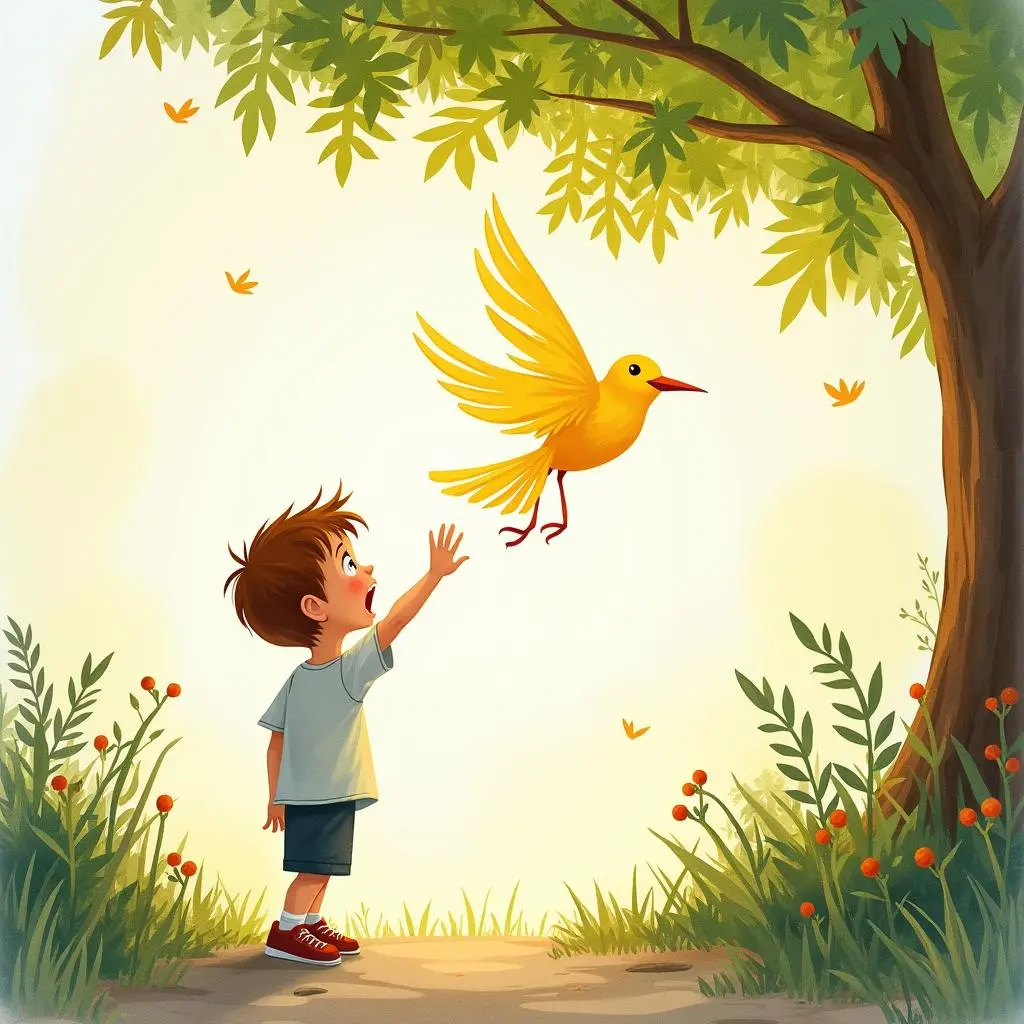The little boy sees the shadow of the golden bird