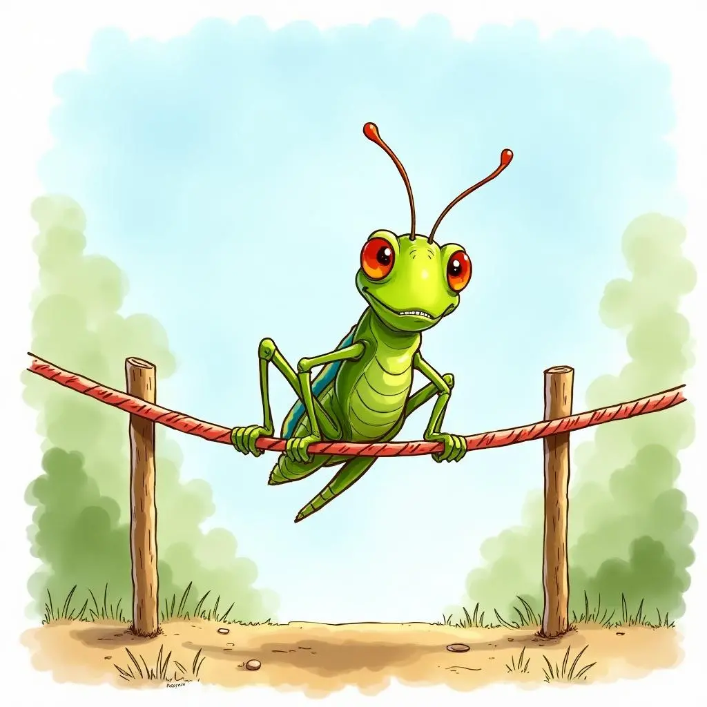 The grasshopper poses in front of the bar