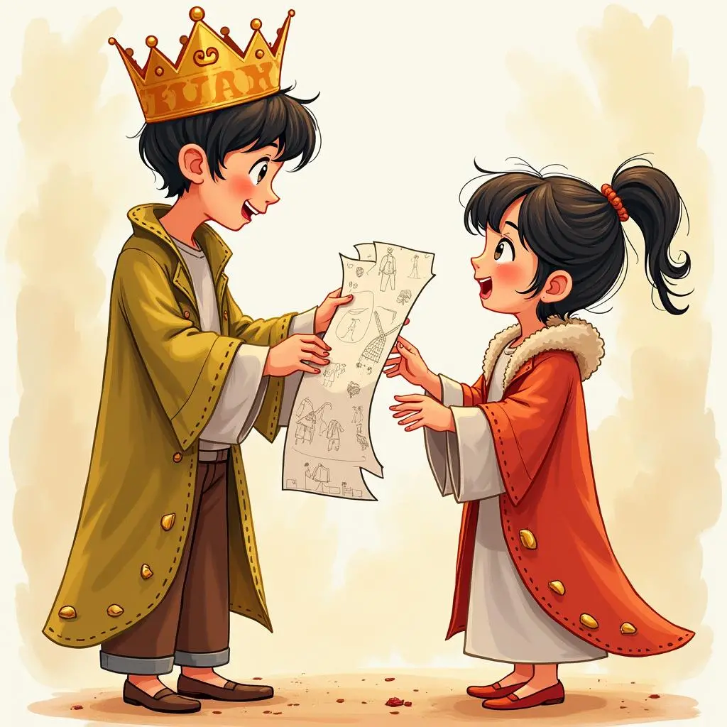 The swindlers show the new clothes design to the king