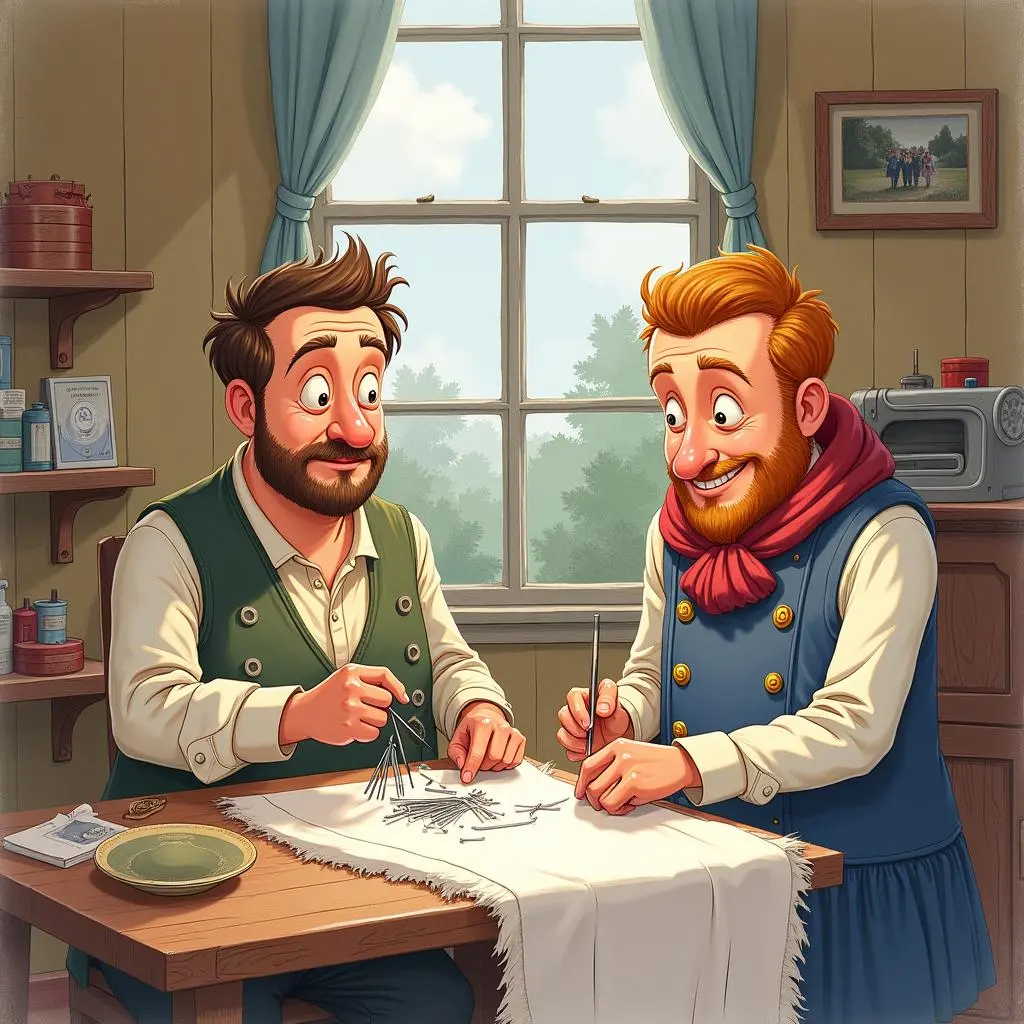 The tailors pretended to be busily making the coat