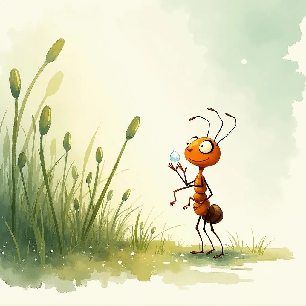 Qiqi, the little ant, looks at the dewdrop