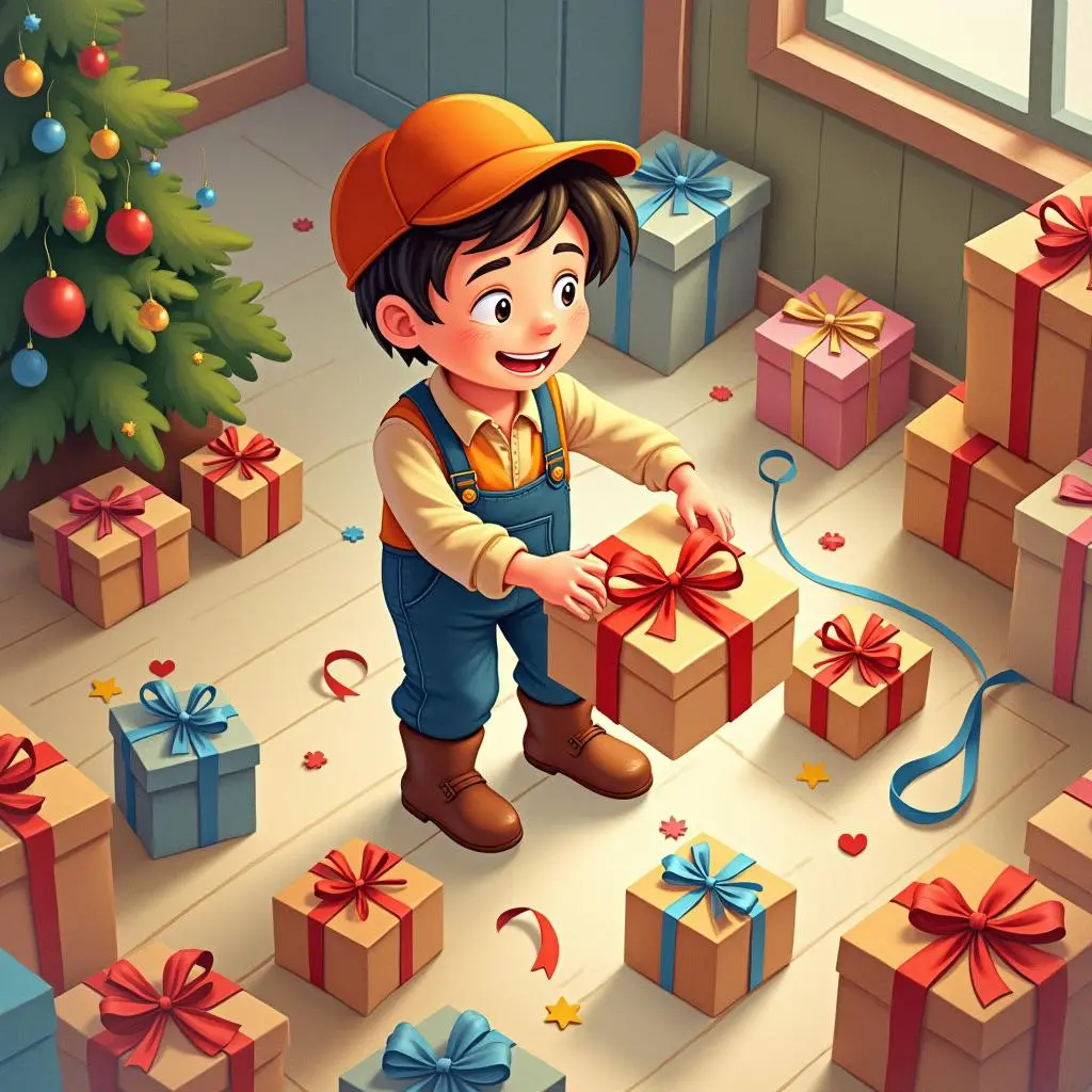 Carl packs the gifts into boxes