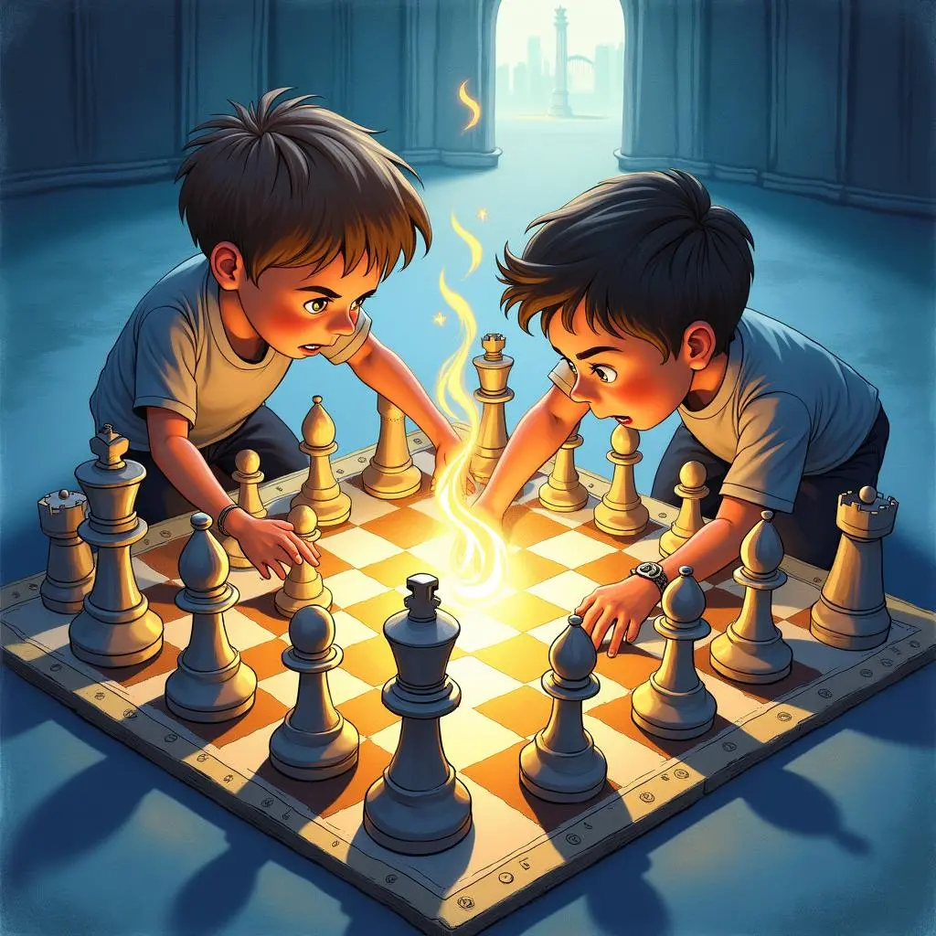 The light and shadow on the chessboard flicker
