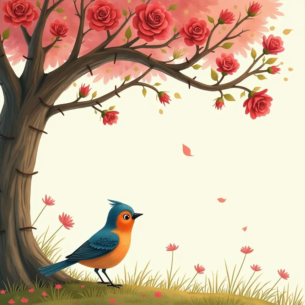 The nightingale looks at the rose tree