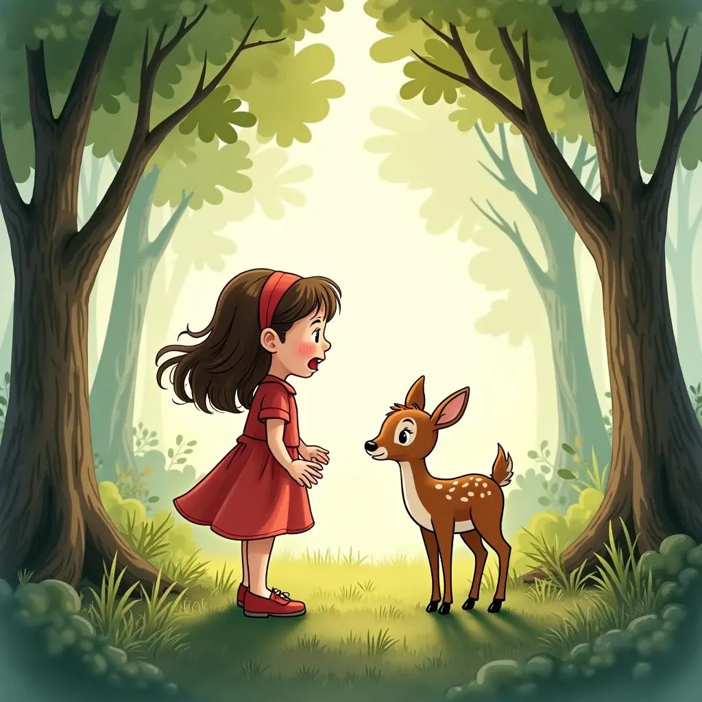 A girl discovers a fawn in the forest
