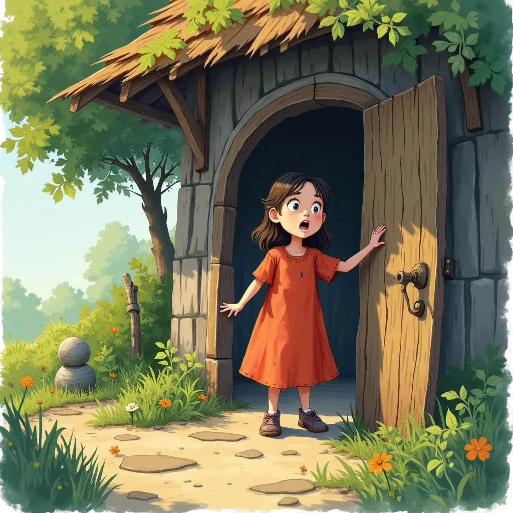 The girl bravely enters the witch's hut