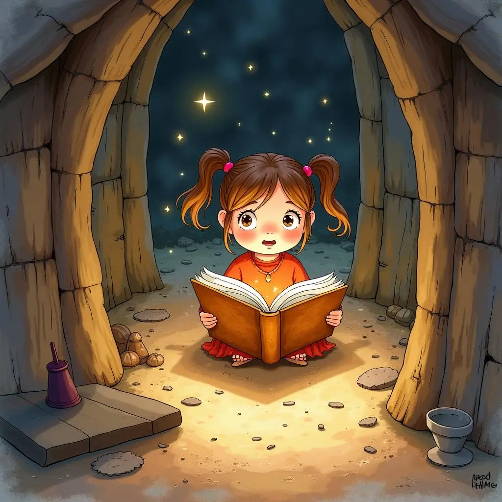 The girl finds the magic book