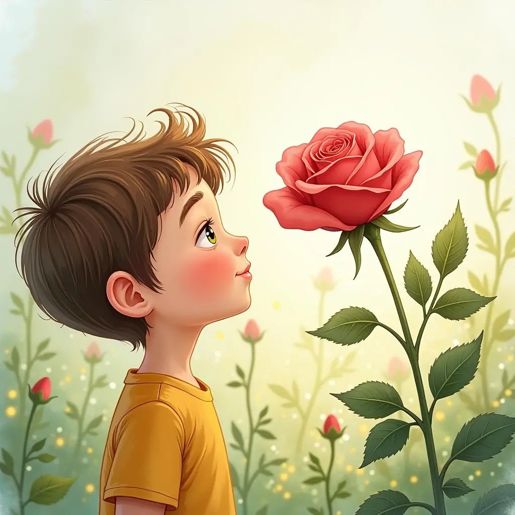 The little boy reaches out to touch the rose