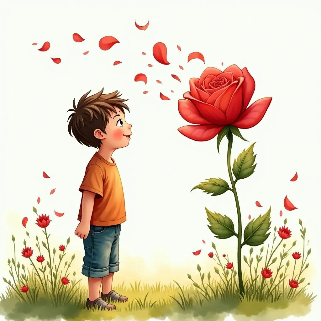 The little boy and the rose are together in the wind