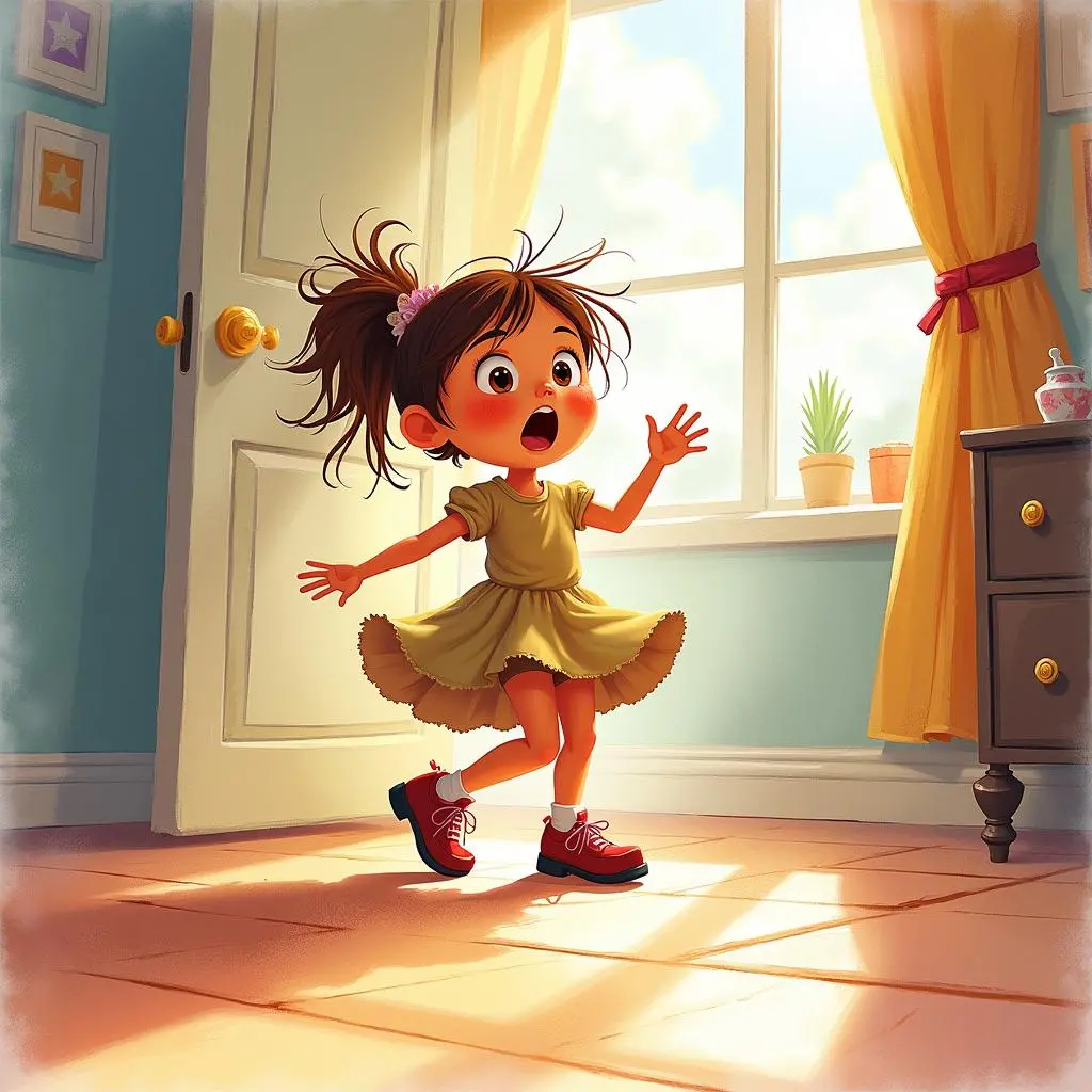 Natasha puts on the shoes with a surprised look on her face