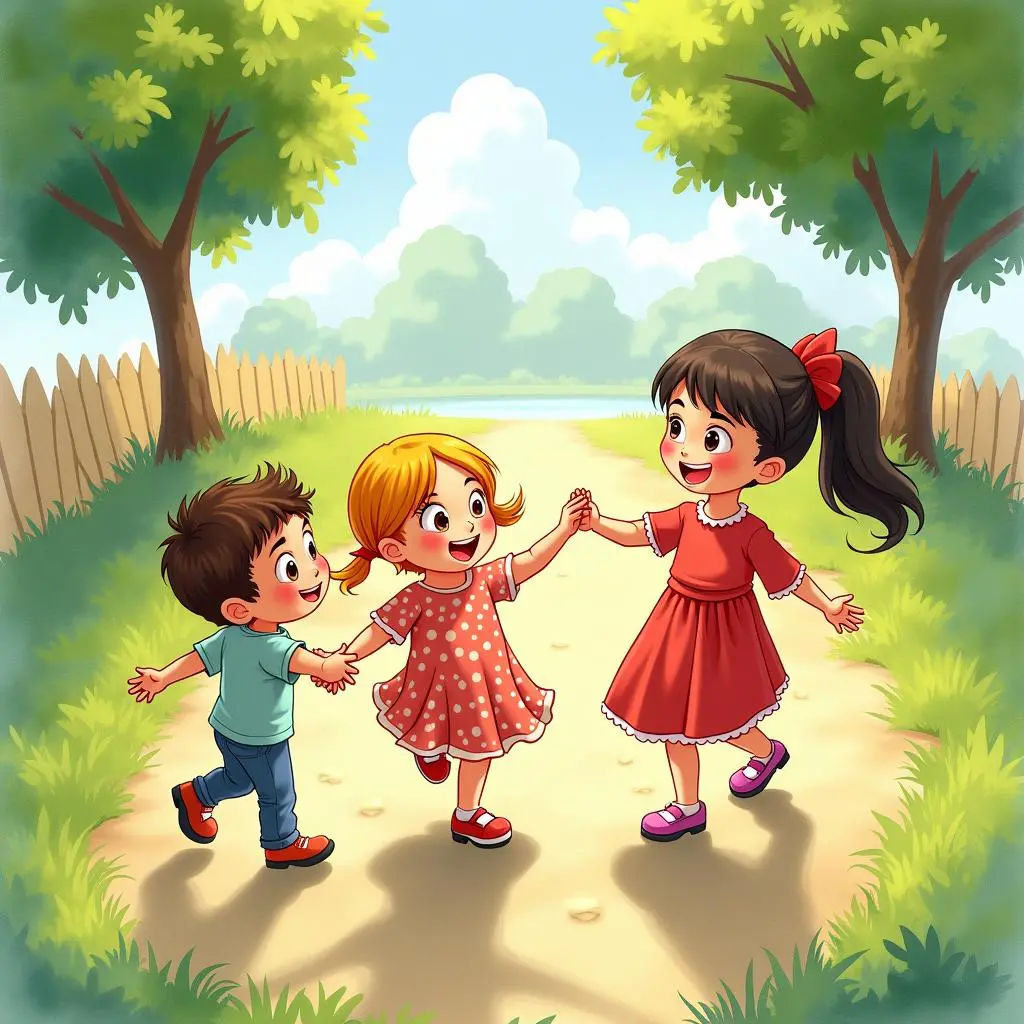 Natasha and the children hold hands, and the shoes also shake merrily
