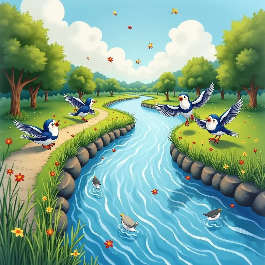 Birds hovering over the river