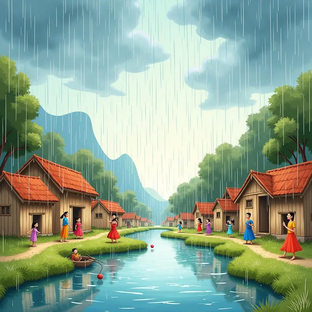 The villagers cheer in the rain